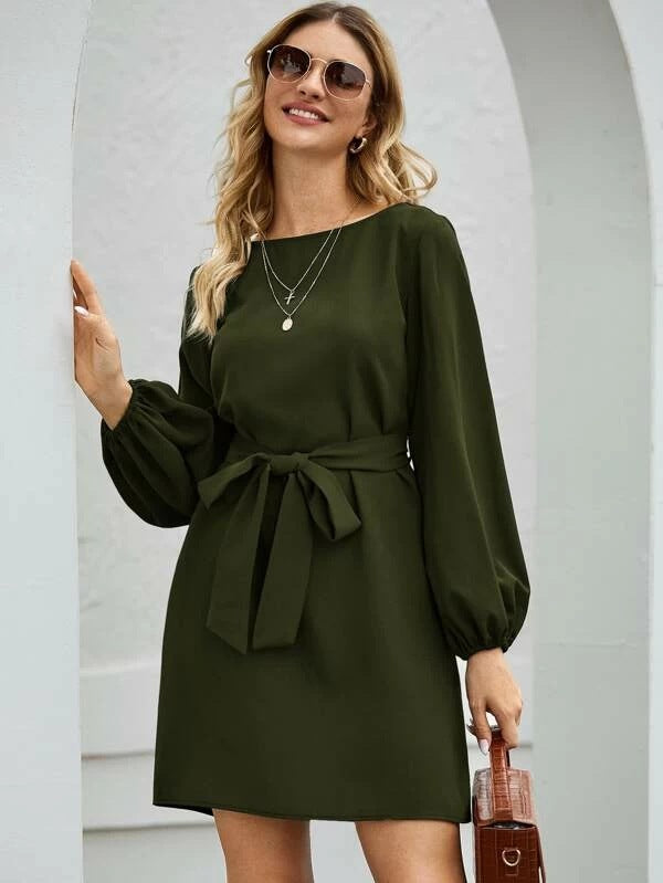 Margo & Main – boat neck tie-waist a-line dress, close-up view, US women's sizes