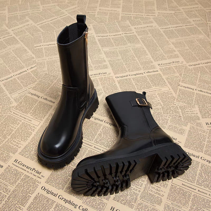Vera Buckle Side-Zip Lug Sole Leather Chelsea Boots