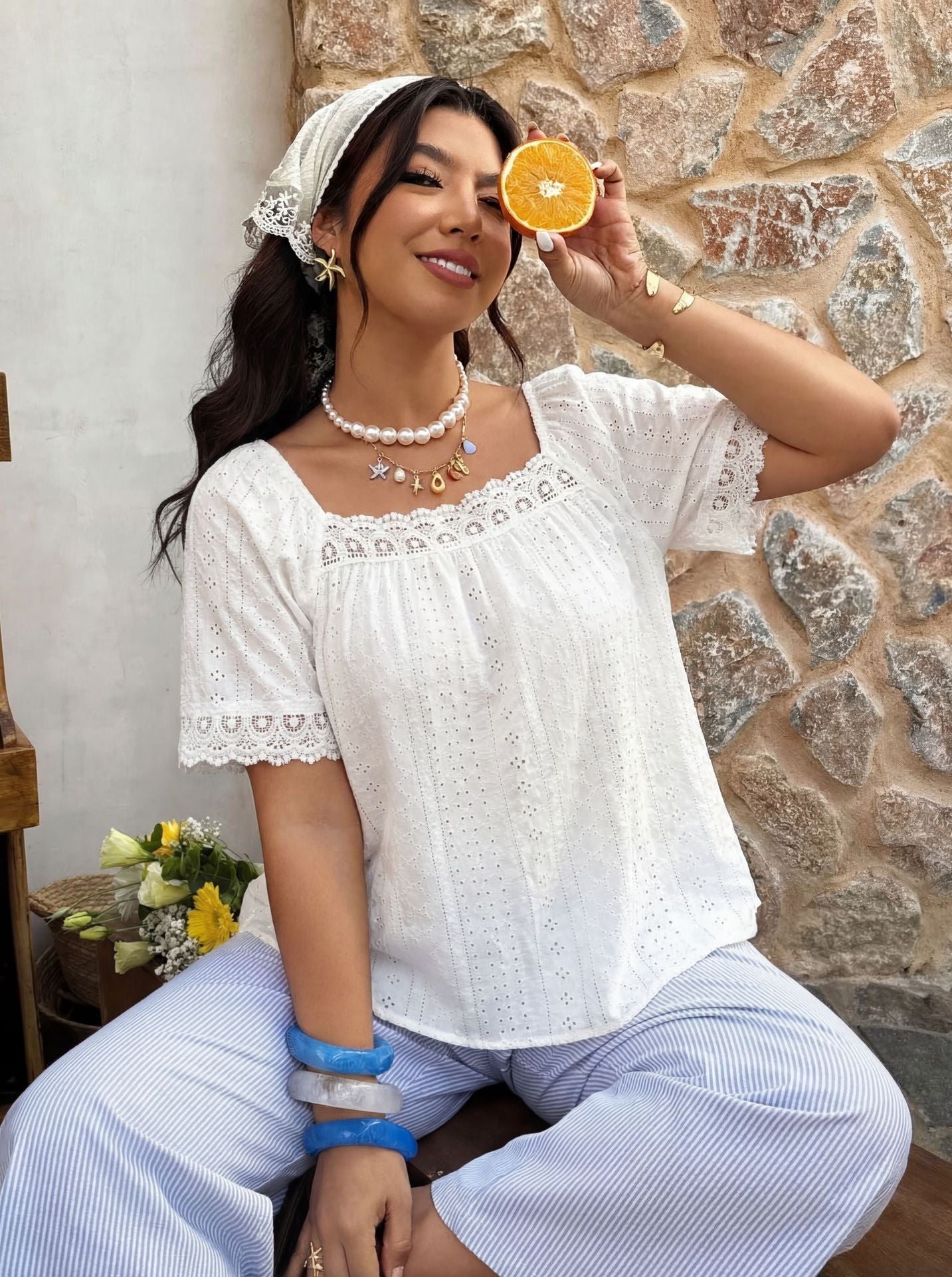 Loretta Plus Size White Eyelet Blouse