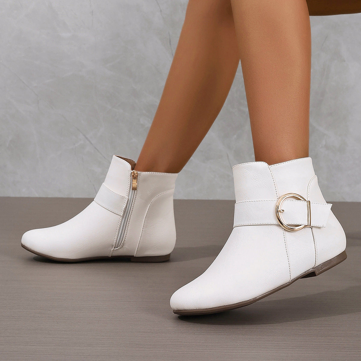 Effie Buckle Strap Side-Zip Flat Ankle Boots