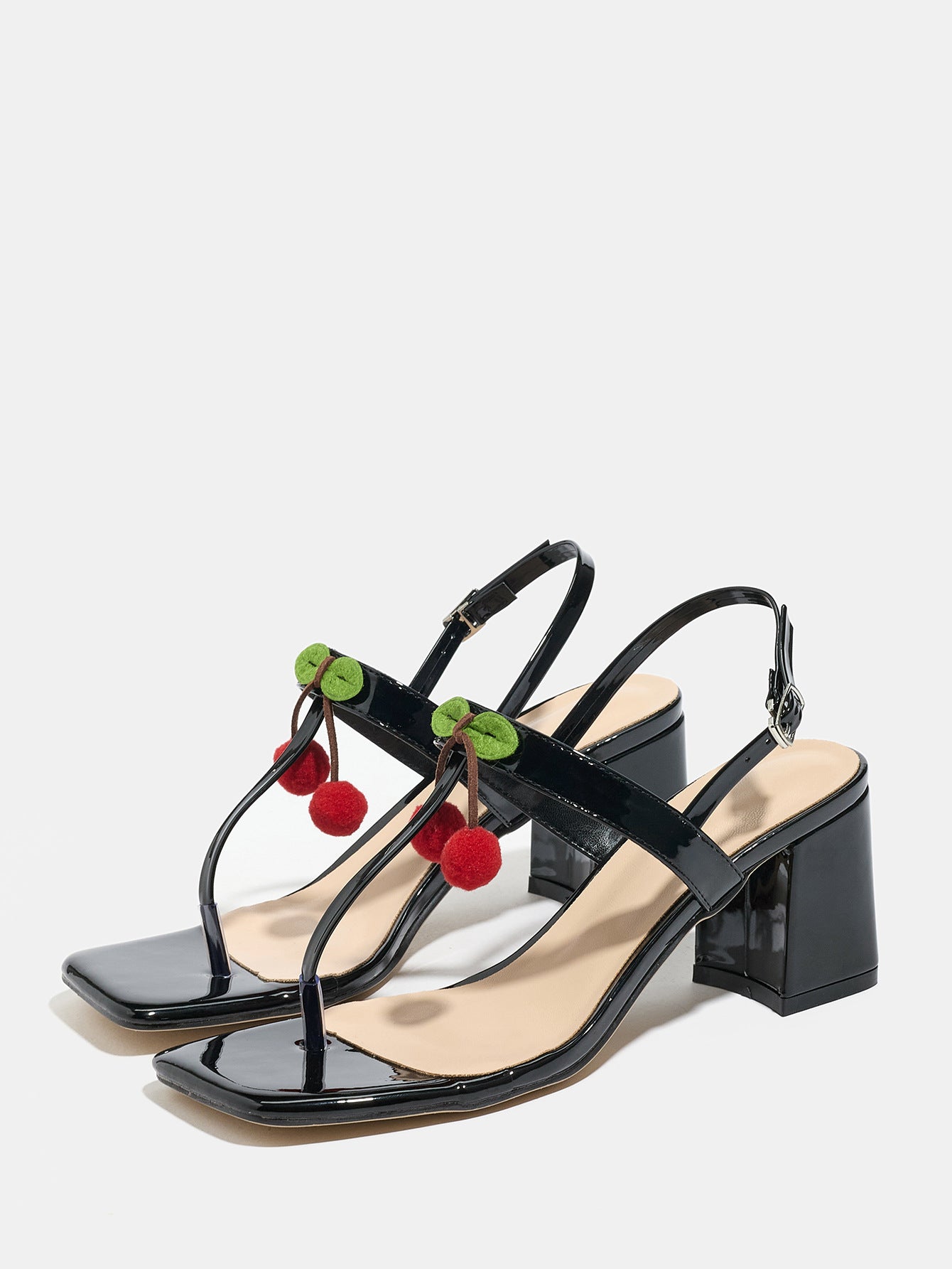 Cherry Detail Glossy Block Heel Sandals