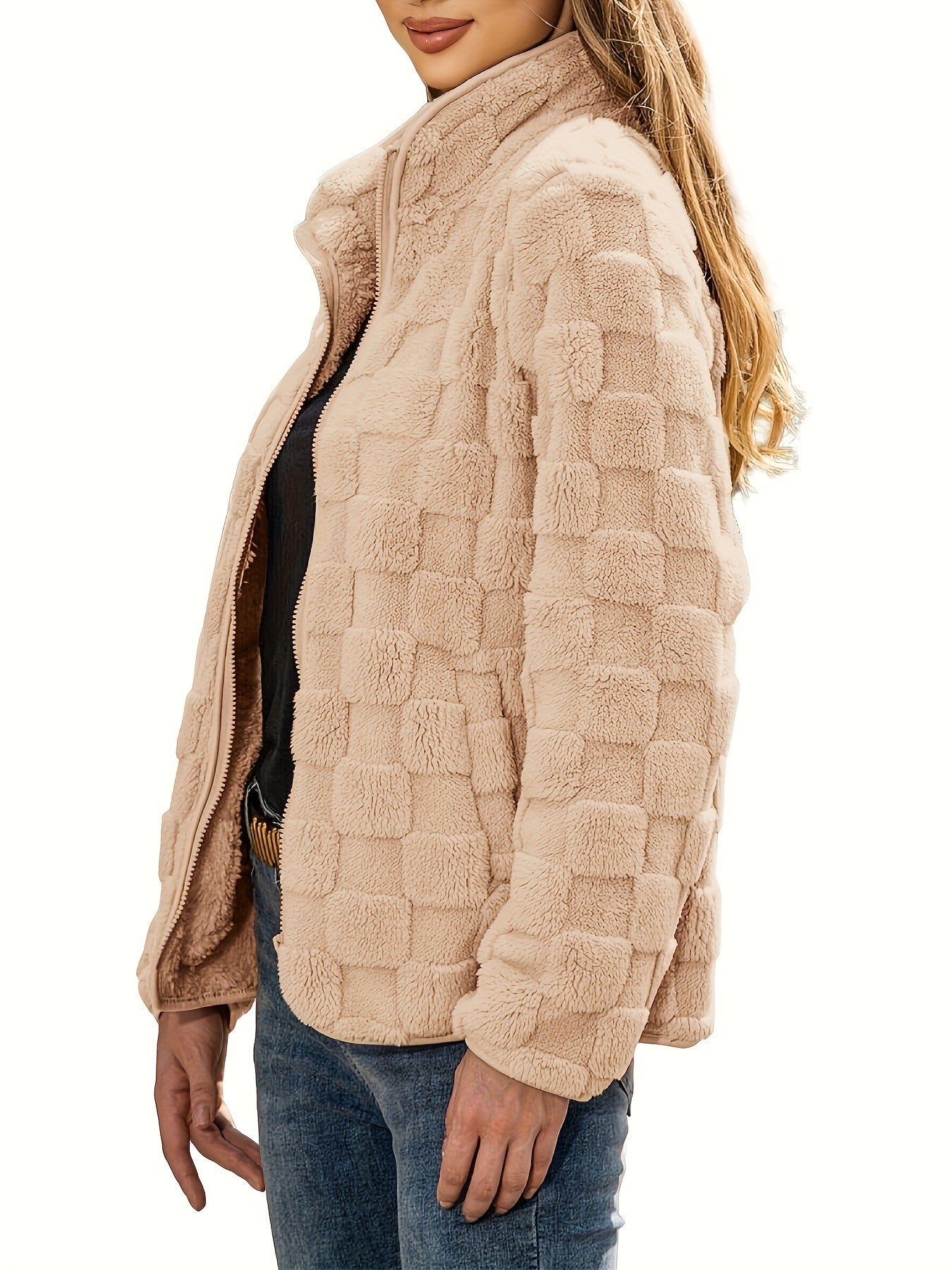 Margo & Main – checkered fleece zip-up jacket, back view, US women's sizes