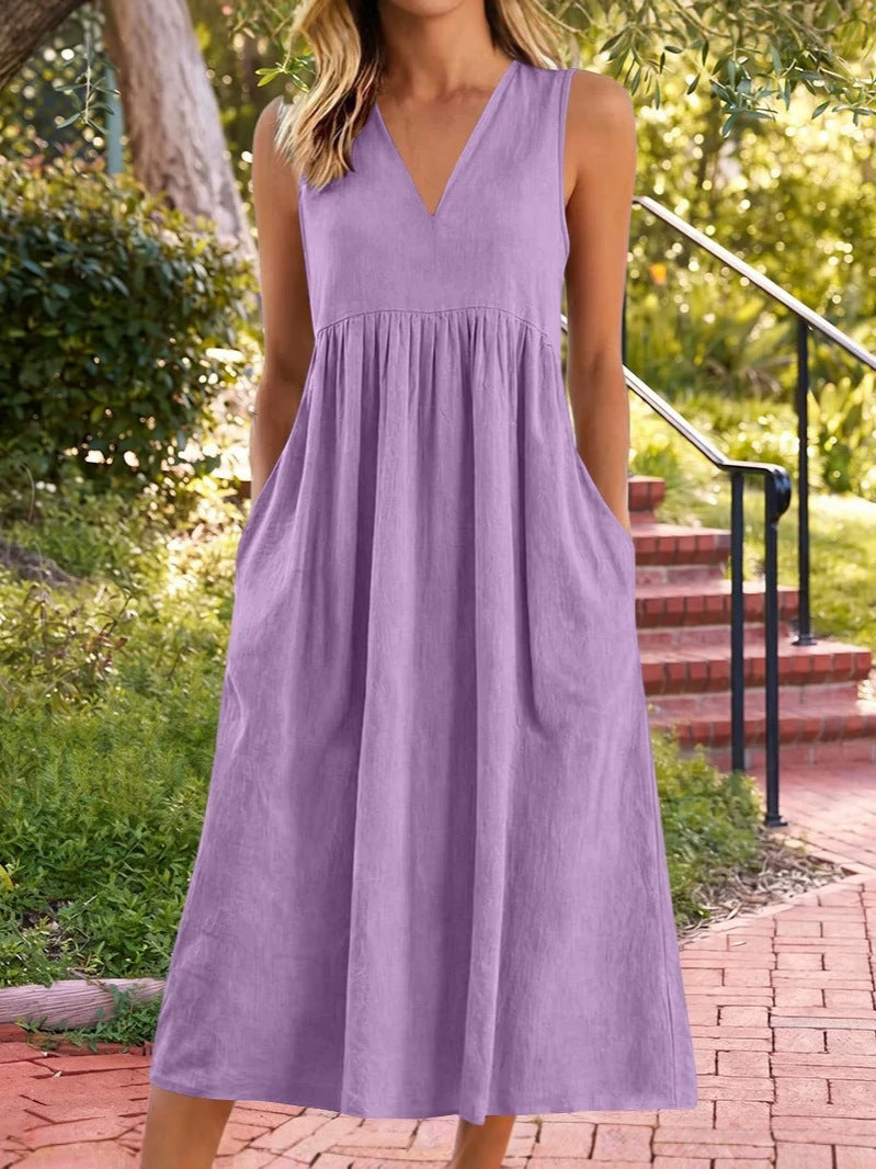 2026 Spring/Summer Cross-Border European and American Amazon Cotton Linen Casual V-Neck Sleeveless Solid Color Mid-Length Dress with Workwear Pockets