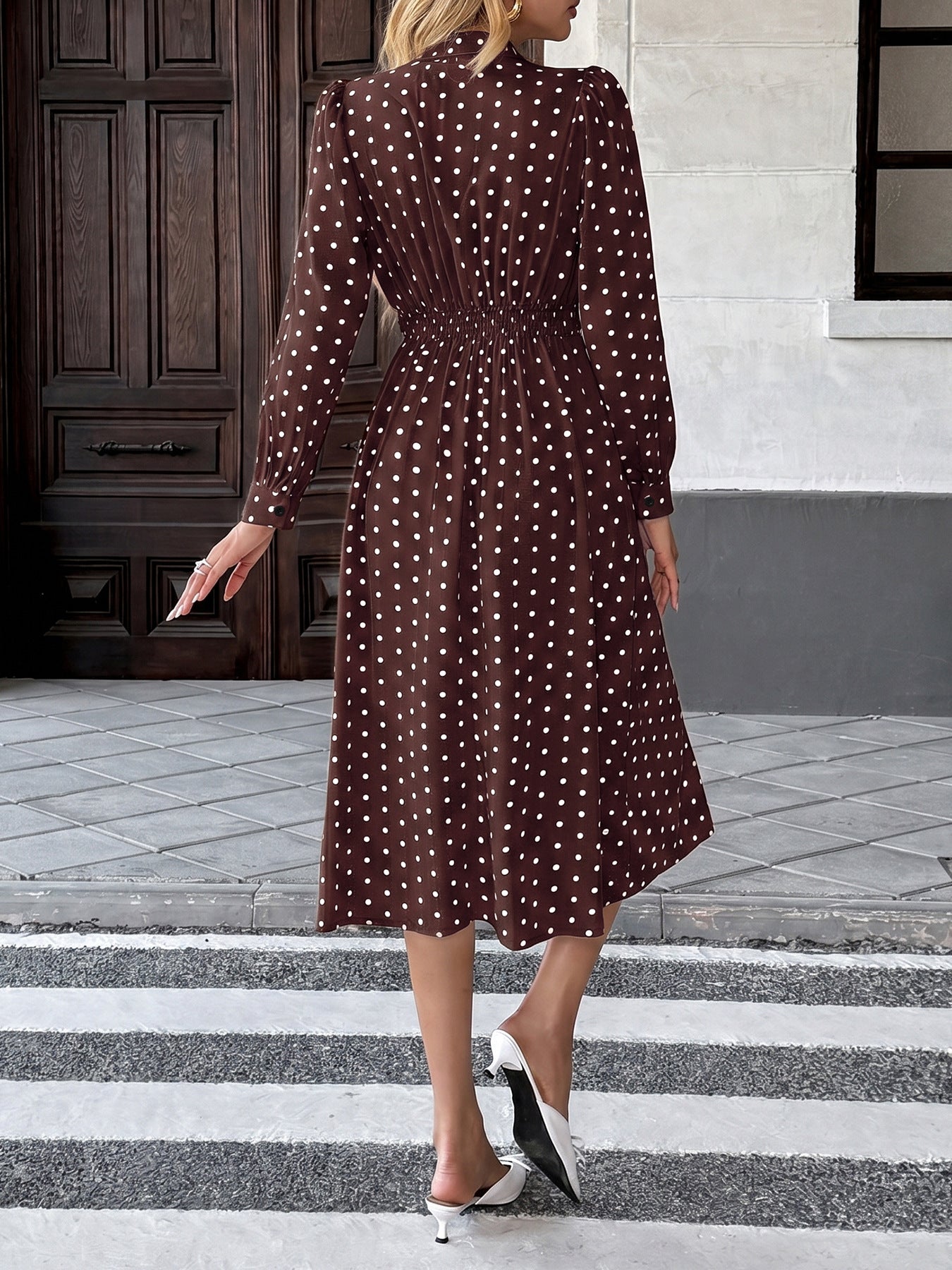 Margo & Main – polka dot tie neck pleated midi dress, additional view 13, US women's sizes