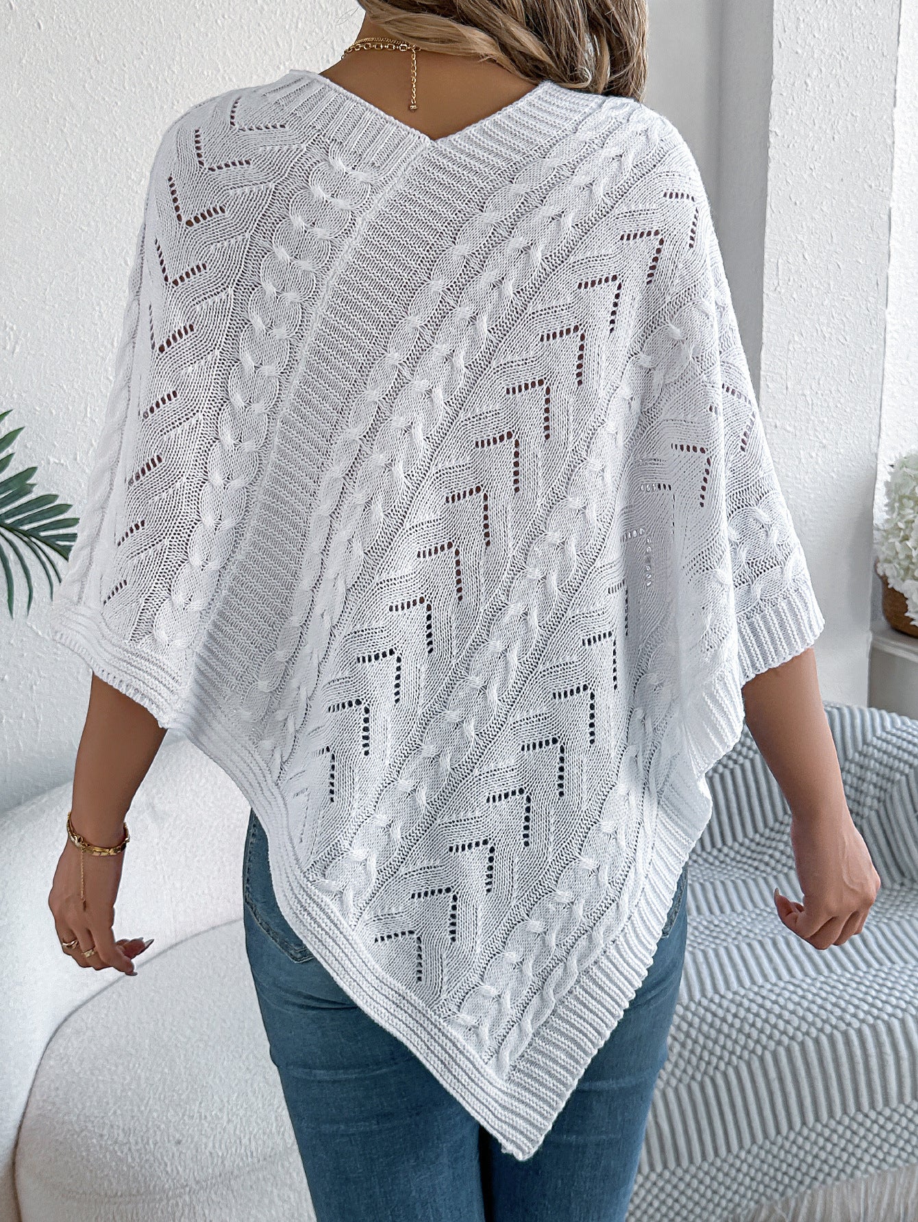 Margo & Main – cable knit v-neck cape poncho, worn view, US women's sizes