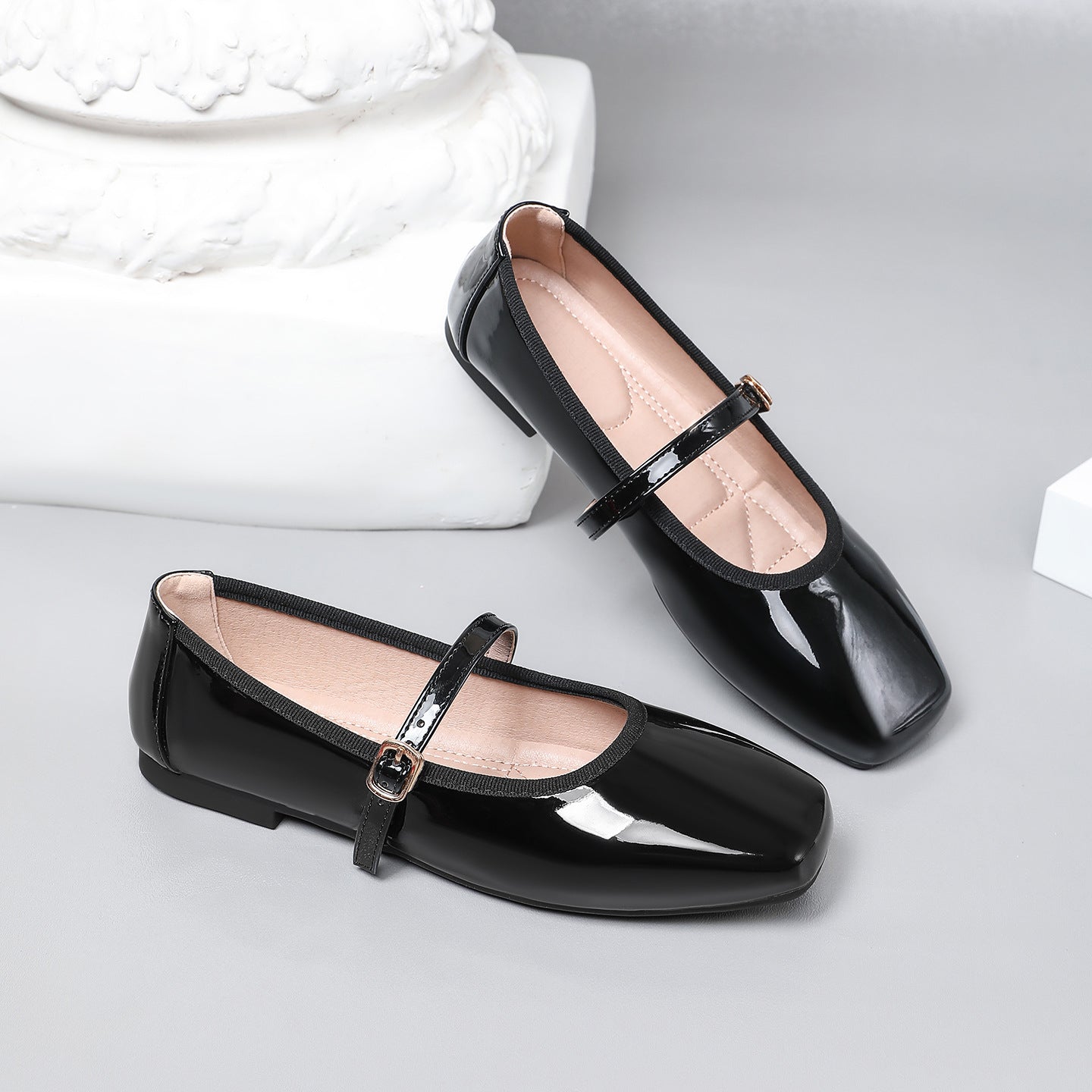 Margo & Main – black patent square toe mary jane flats, angled pair, US women's sizes