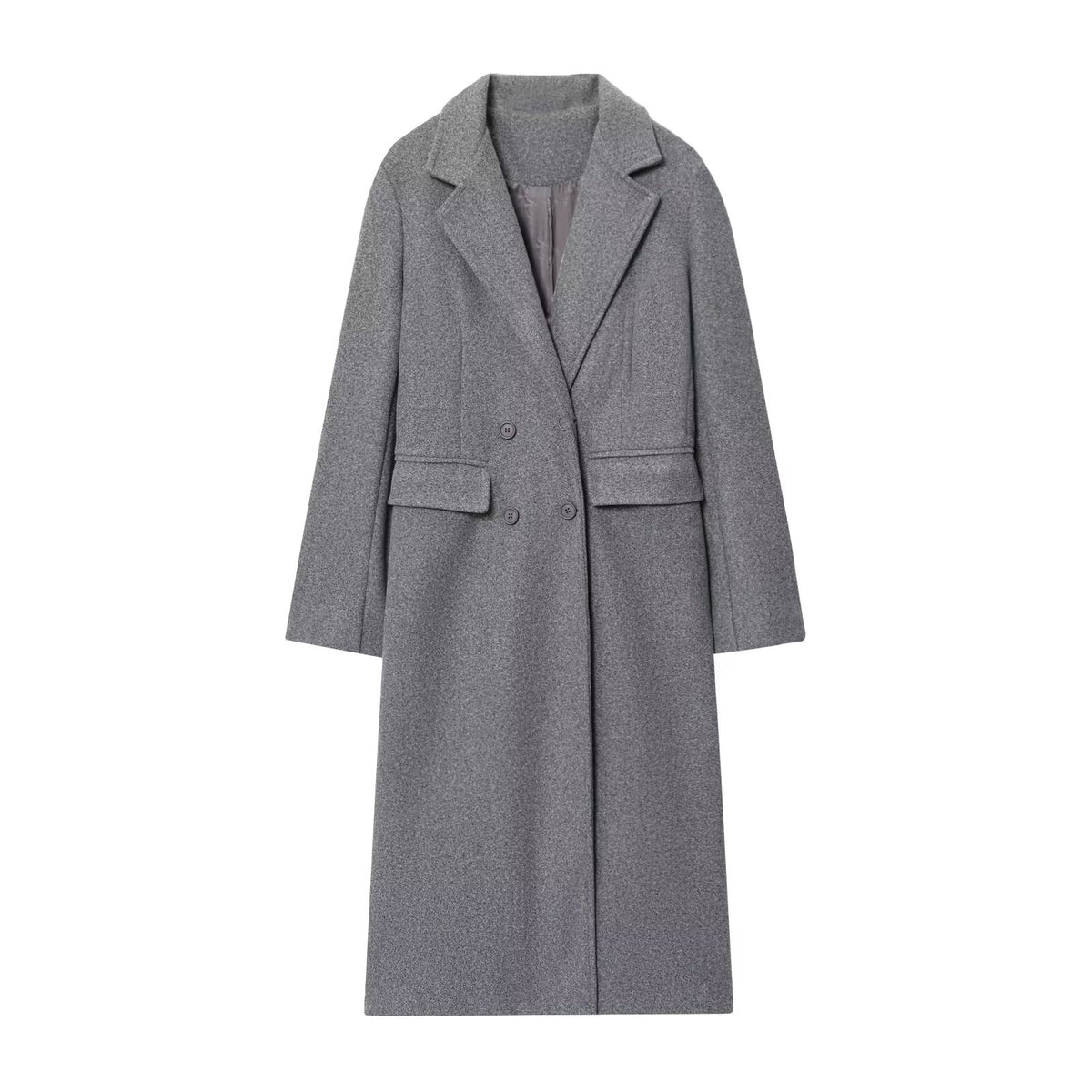 Margo & Main – Esme grey double-breasted longline wool coat, flat product shot front, US women's sizes
