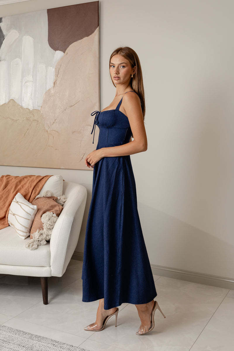 Margo & Main – navy corset-bodice denim midi dress, fabric detail, US women's sizes