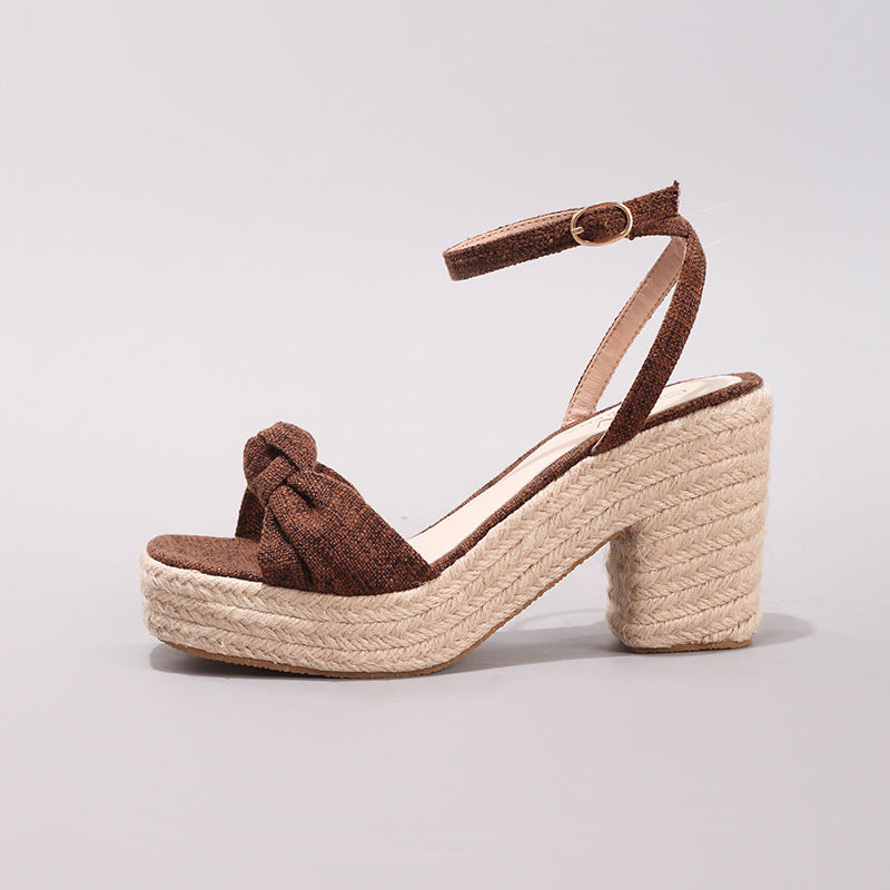 Margo & Main – Brown bow wedge sandals, side profile with rope-wrapped heel, US women's sizes
