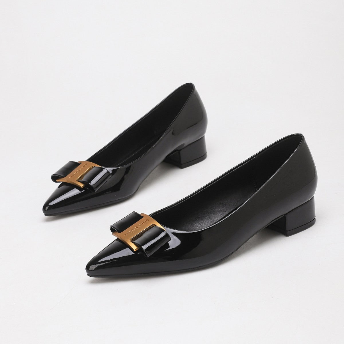 Margo & Main - black patent low block heel pumps front view of the pair, US women's sizes
