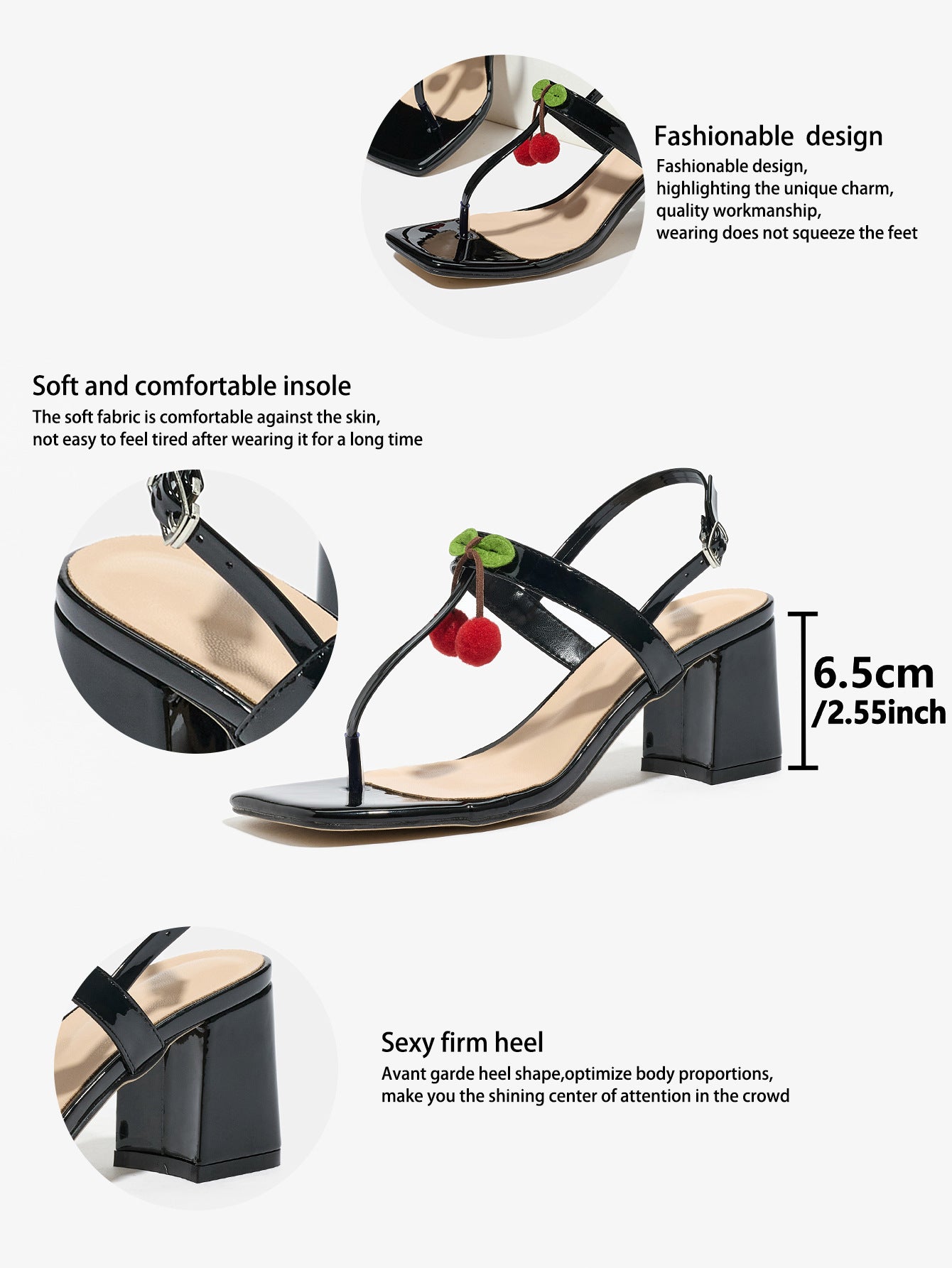 Cherry Detail Glossy Block Heel Sandals