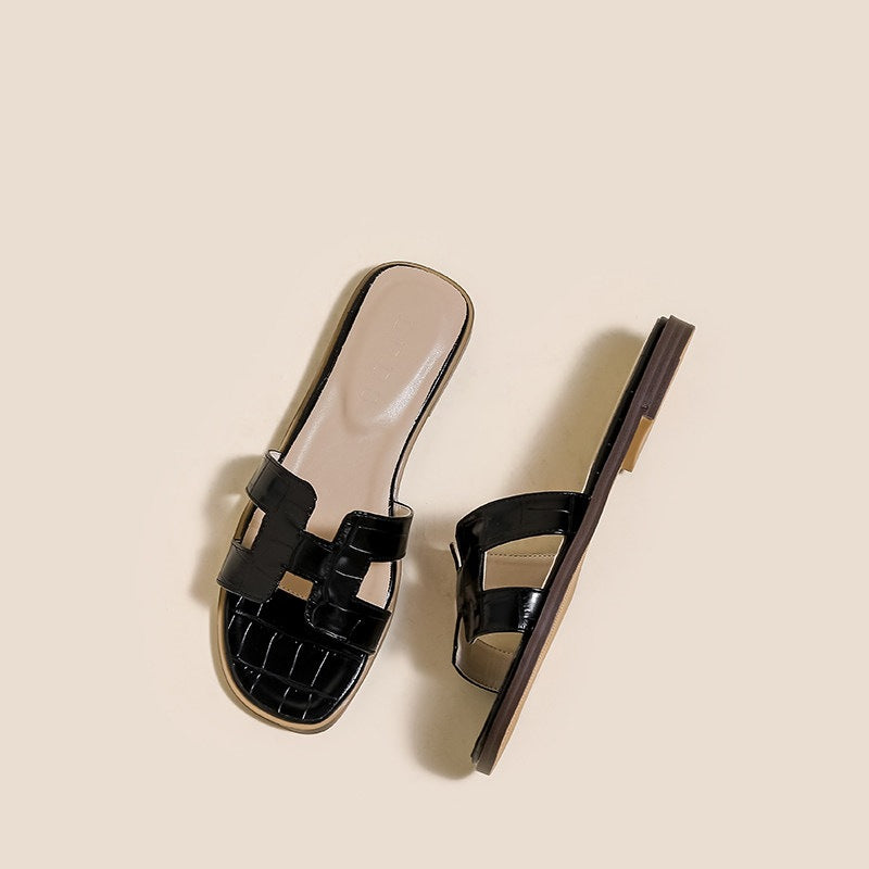 Margo & Main – Black croc-embossed H-strap flat slide sandals, top view, US women's sizes