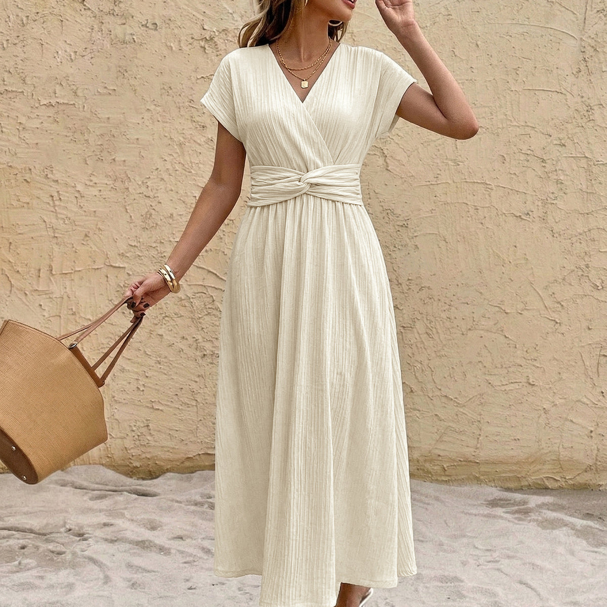 white flowy midi dress SOLANA a keyhole cutout ROVE Midi Dress - Back