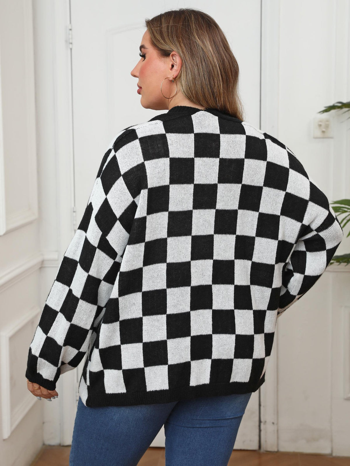 Orabelle Checkerboard Plus Size Open Front Cardigan