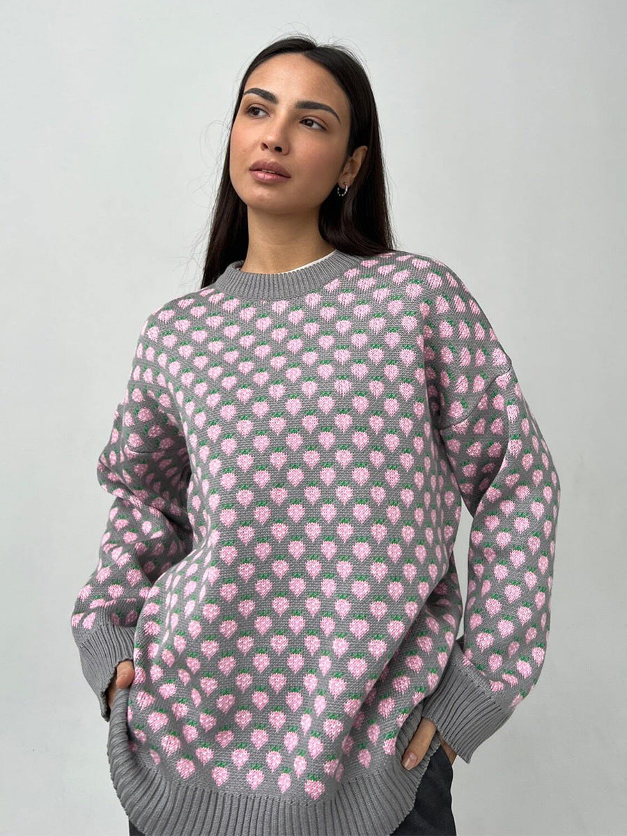 Alodie Strawberry Jacquard Crew Neck Sweater