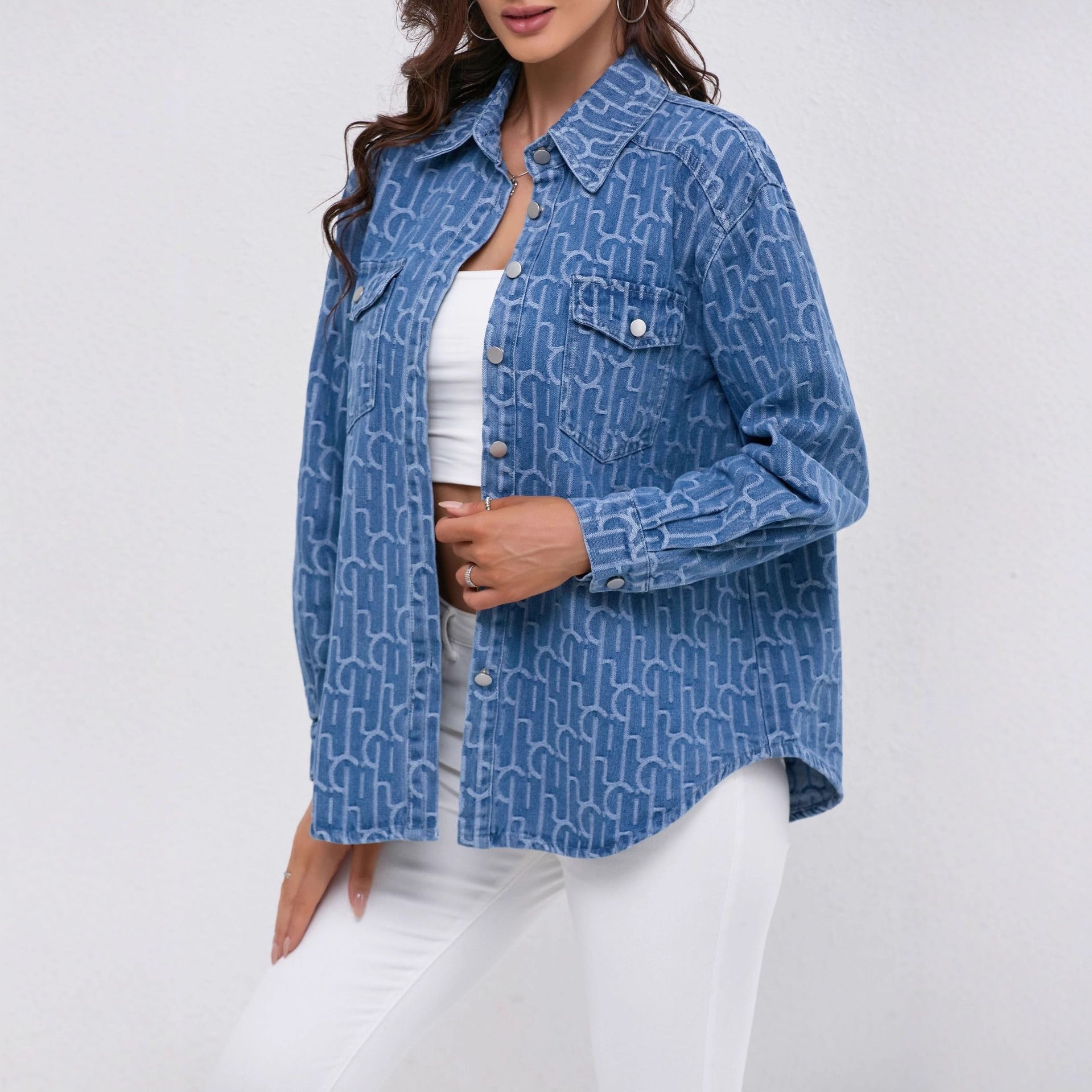 Margo & Main – Blue Printed Jacquard Denim Shirt Jacket Print Fabric Detail, US women's sizes
