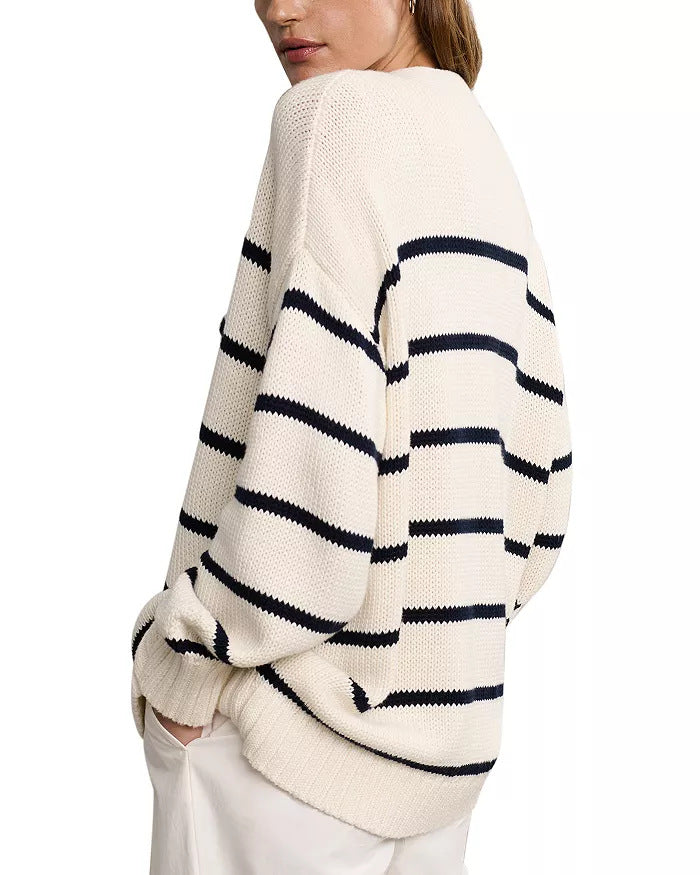 Margo & Main – striped button-front knit cardigan, full length view, US women's sizes