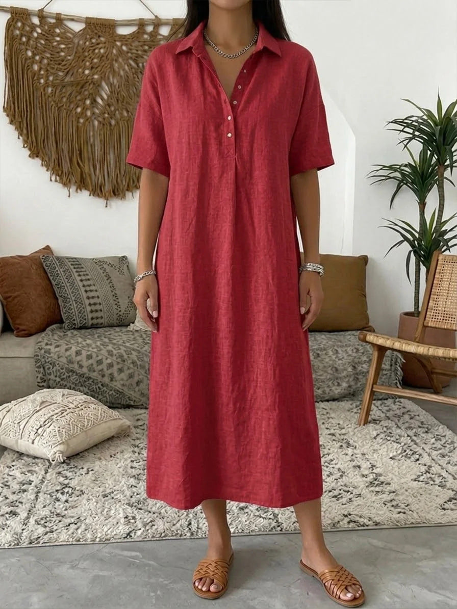 Margo & Main – Fenna red collared linen shirt midi dress, full-length front view in a boho living room, US women's sizes