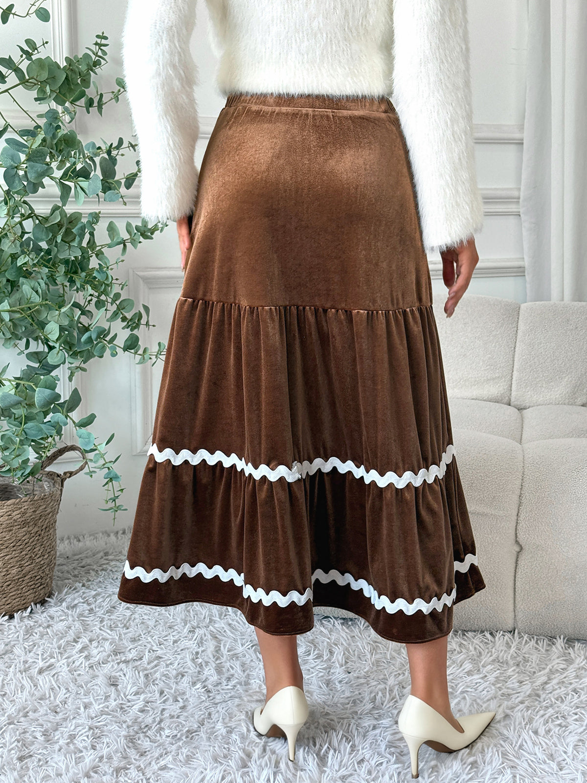 Marnie Velvet Tiered Ric Rac Midi Skirt