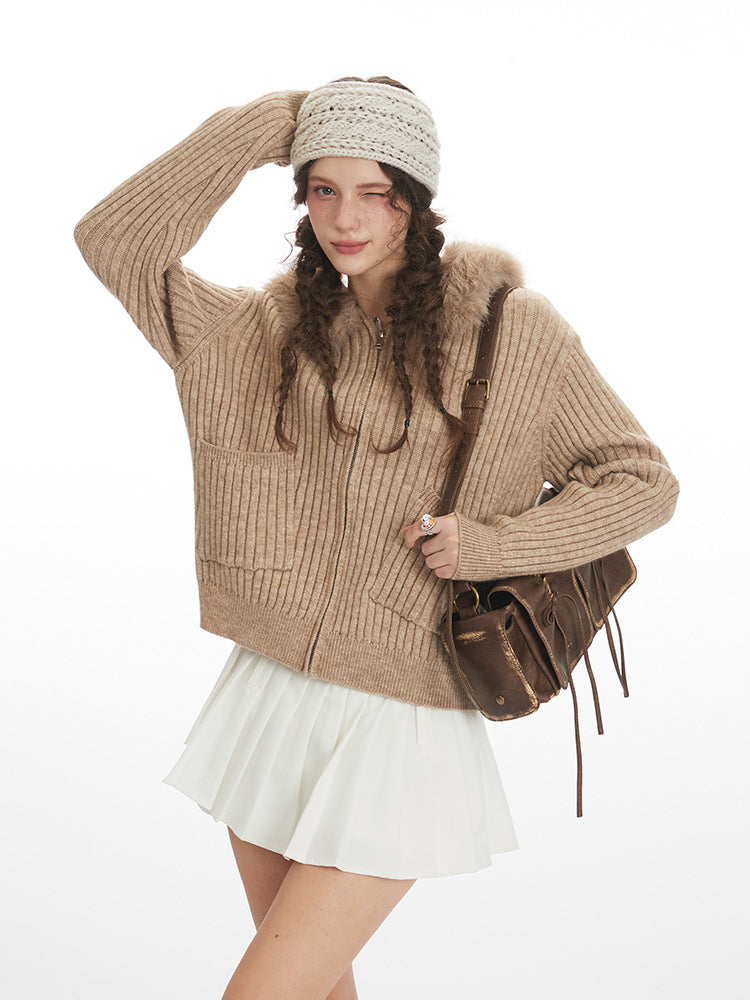 Hesper Hooded Rib Knit Zip Cardigan