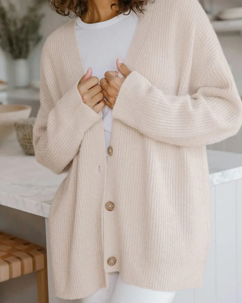 Margo & Main – oatmeal ribbed V-neck cardigan worn over a white tee, US women's sizes