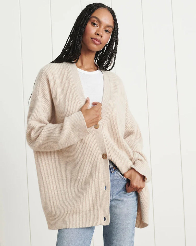 Margo & Main – oatmeal ribbed V-neck cardigan front view with blue jeans, US women's sizes