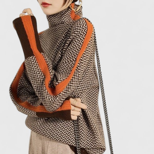 Margo & Main - camel chevron knit high collar sweater styled with a handbag, US women's sizes