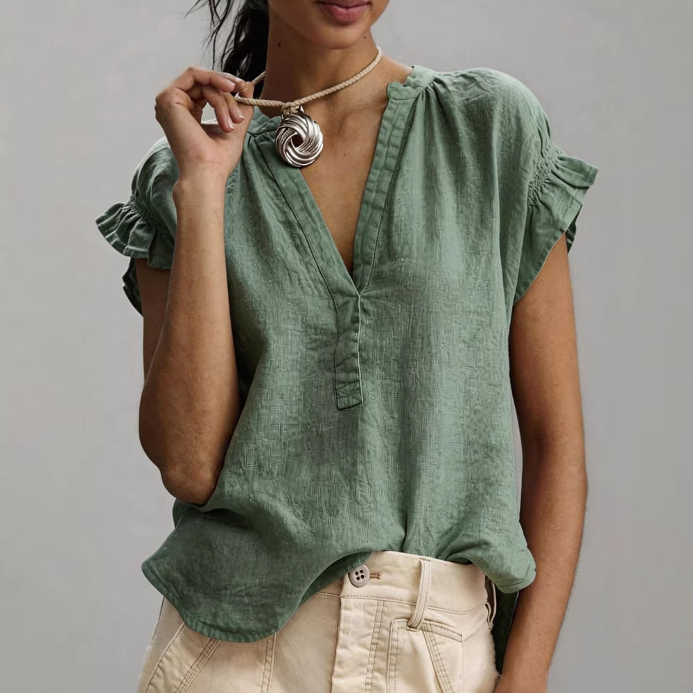 Margo & Main - green linen blouse, split V neckline and flutter sleeve, US women's sizes