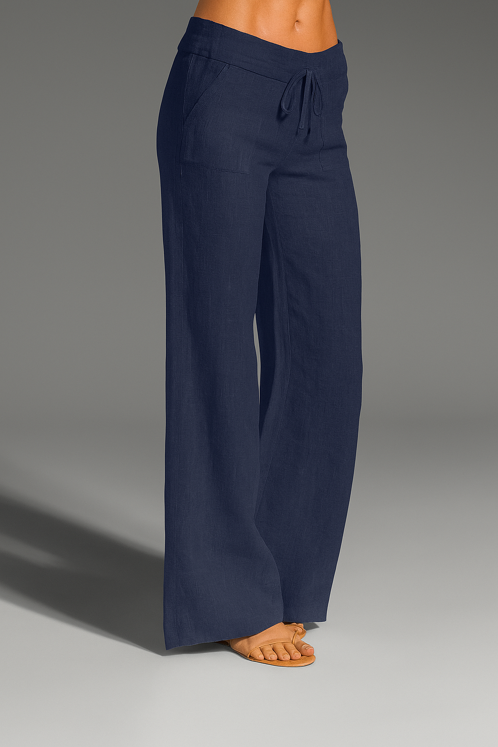Margo & Main - navy wide-leg drawstring linen pants shown front on, US women's sizes