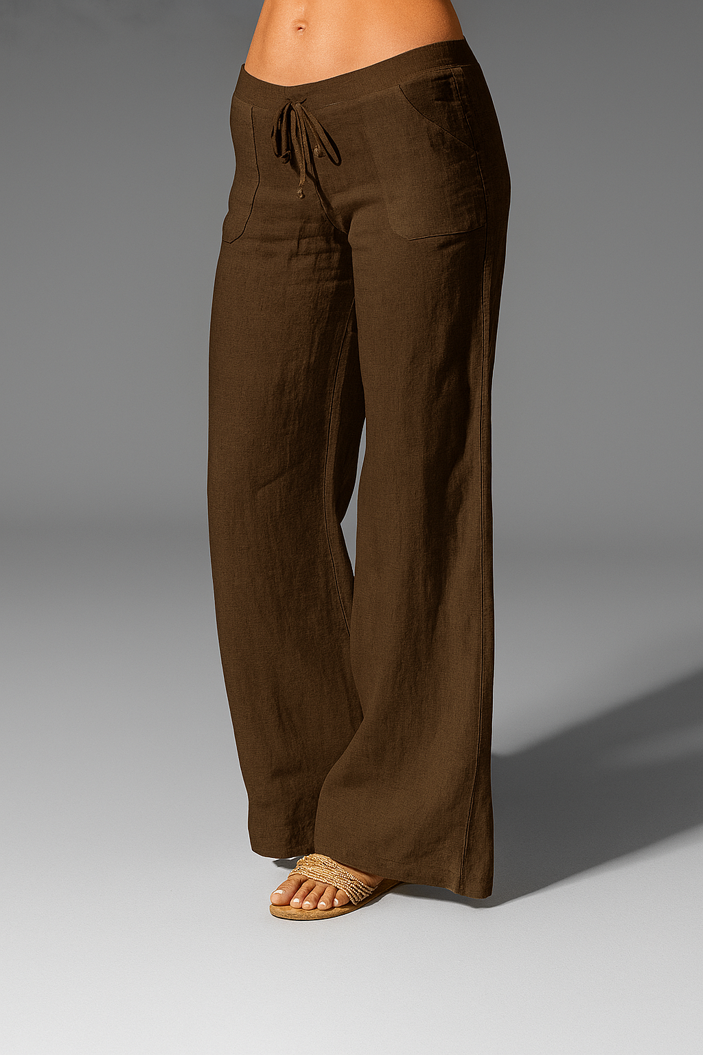 Margo & Main - brown wide-leg drawstring linen pants, waist and pocket view, US women's sizes