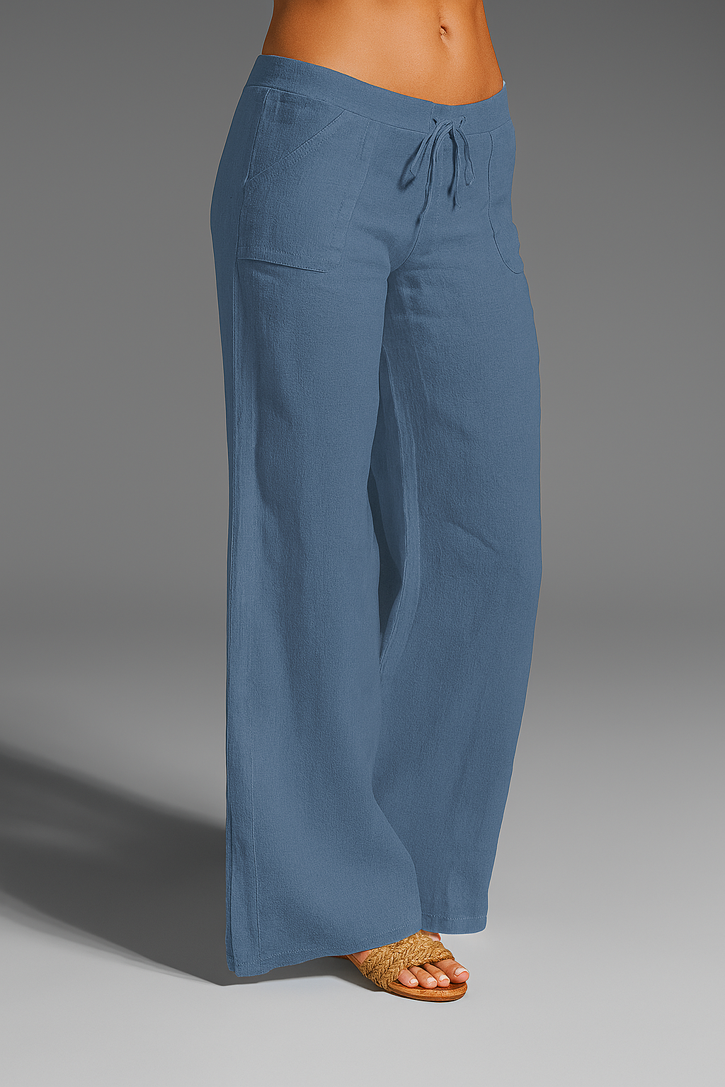 Margo & Main - blue wide-leg drawstring linen pants, hip and hem line, US women's sizes