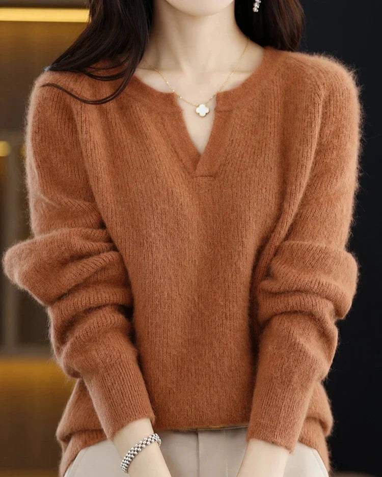 Margo & Main – camel brushed wool notch v-neck sweater relaxed front view, US women's sizes