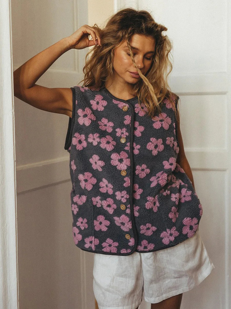 Margo & Main – pink floral sherpa fleece vest front view on model, US women's sizes