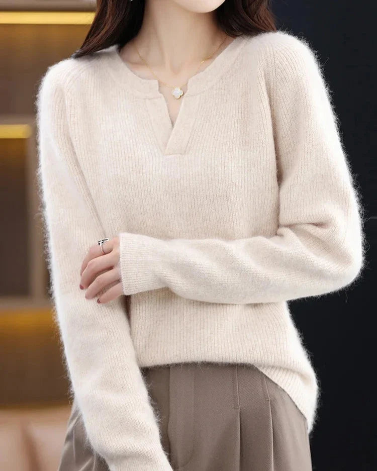 Margo & Main – ivory brushed wool notch v-neck sweater styled front view, US women's sizes