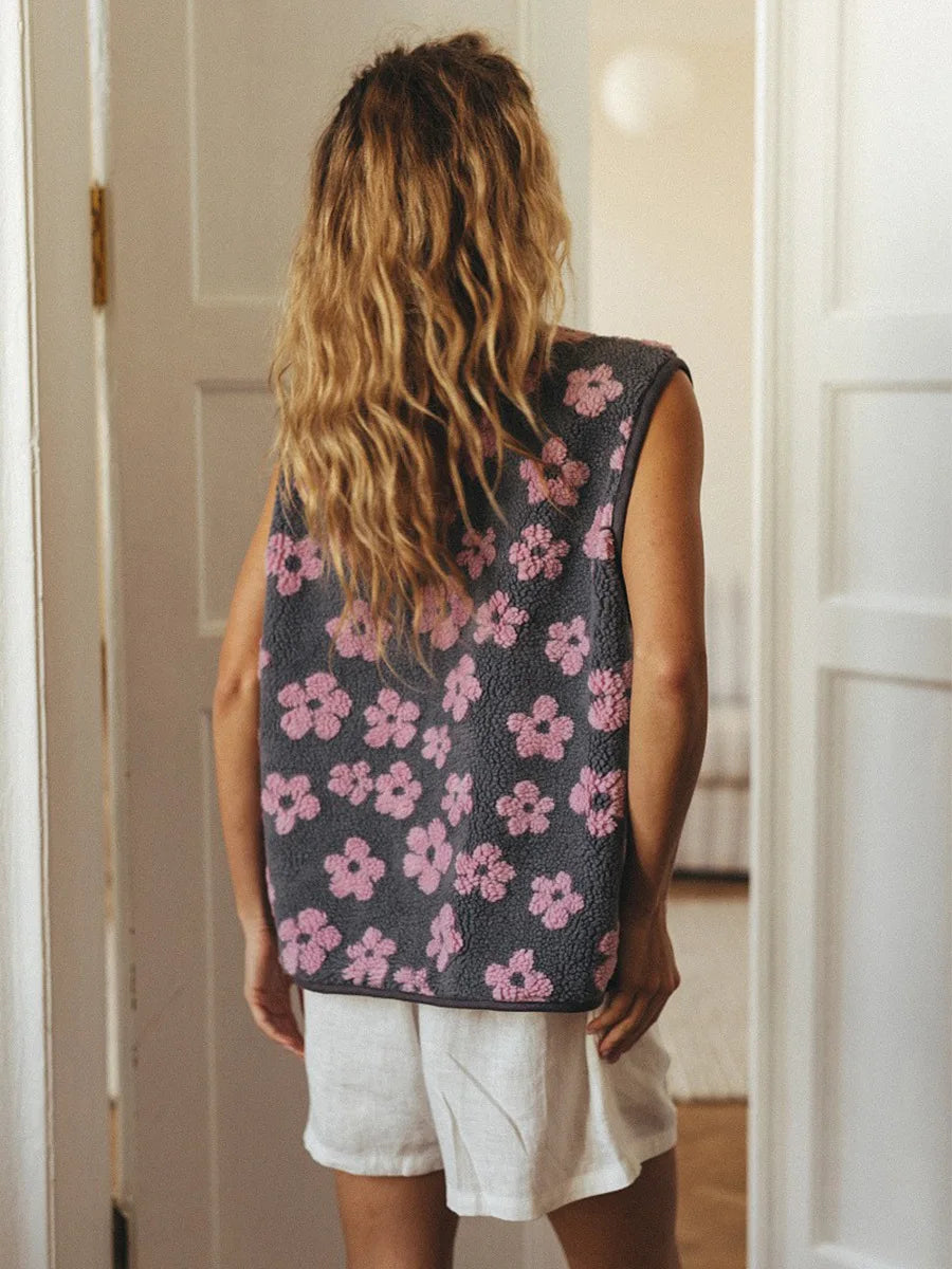 Margo & Main – pink floral sherpa fleece vest worn in an everyday outfit, US women's sizes