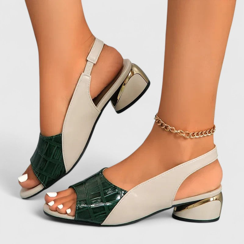 Margo & Main - green croc slingback sandals showing gold heel trim, US women's sizes