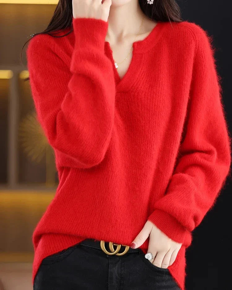 Margo & Main – red brushed wool notch v-neck sweater styled front view, US women's sizes