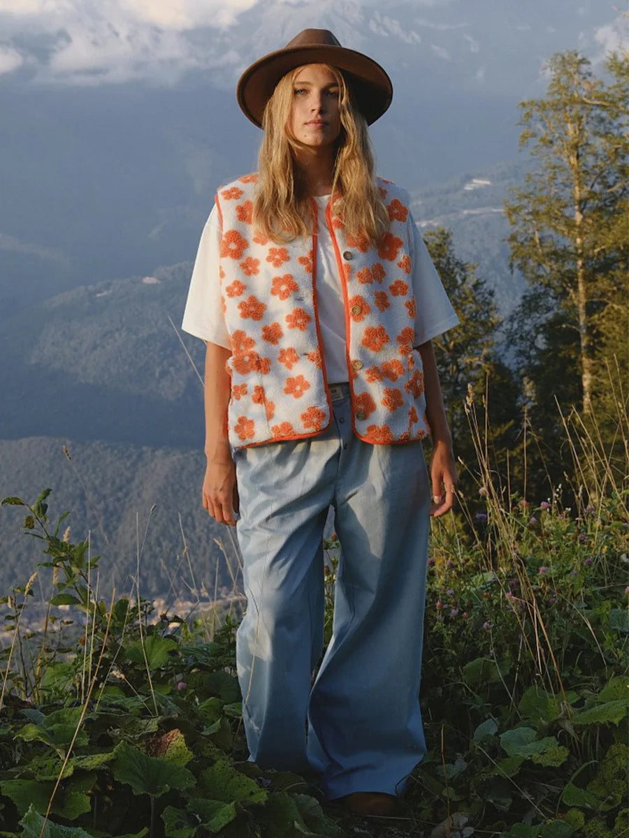 Margo & Main – olive floral sherpa fleece vest angled front view on model, US women's sizes