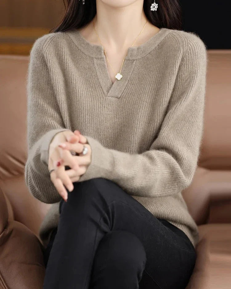 Margo & Main – taupe brushed wool notch v-neck sweater seated styled look, US women's sizes