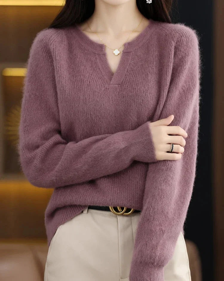 Margo & Main – mauve brushed wool notch v-neck sweater relaxed front view, US women's sizes