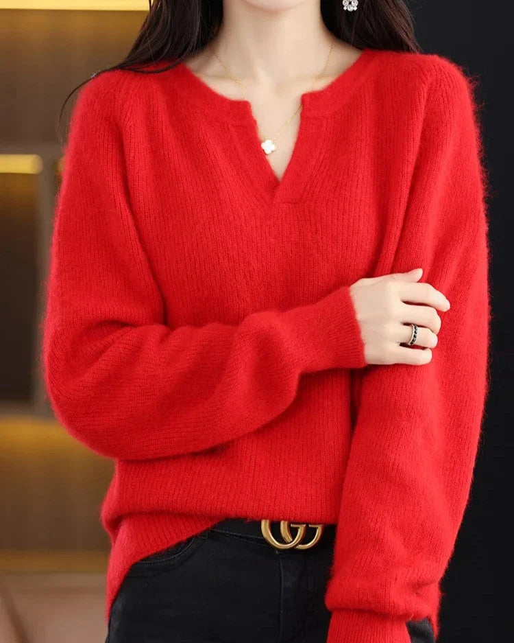 Margo & Main – red brushed wool notch v-neck sweater front view with arms crossed, US women's sizes
