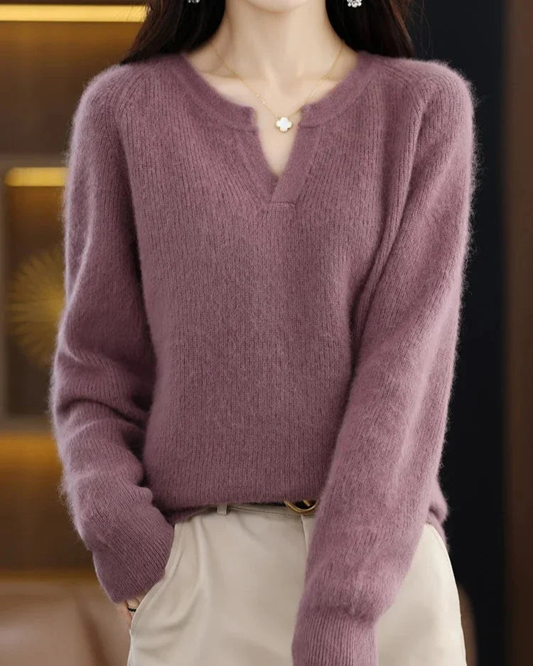 Margo & Main – mauve brushed wool notch v-neck sweater styled front view, US women's sizes