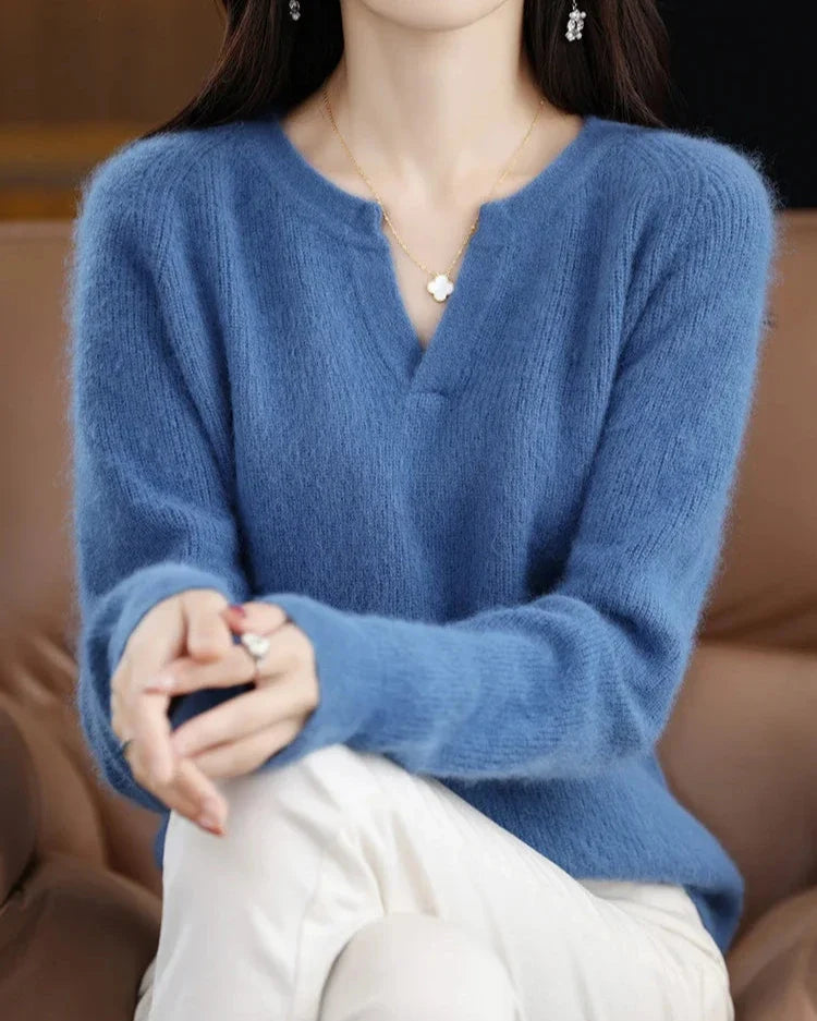 Margo & Main – blue brushed wool notch v-neck sweater seated styled look, US women's sizes