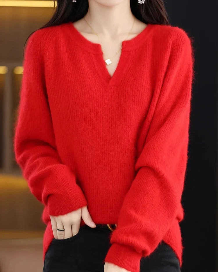 Margo & Main – red brushed wool notch v-neck sweater front view on model, US women's sizes