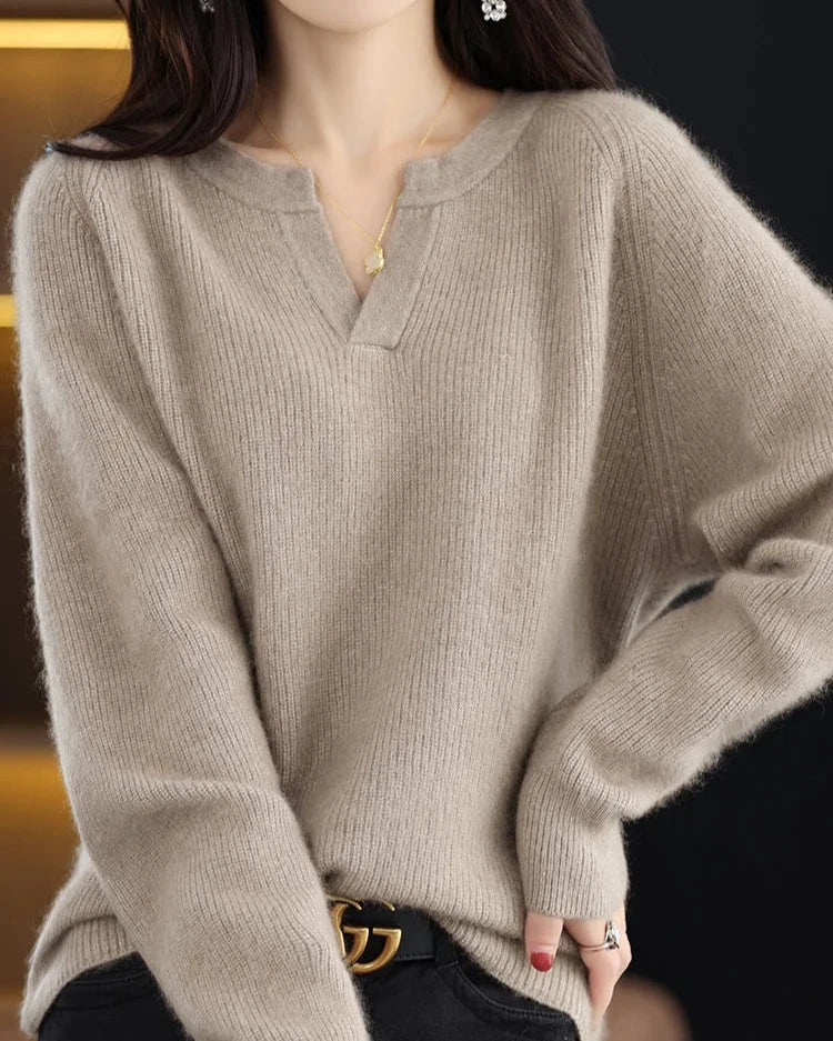 Margo & Main – taupe brushed wool notch v-neck sweater styled front view, US women's sizes