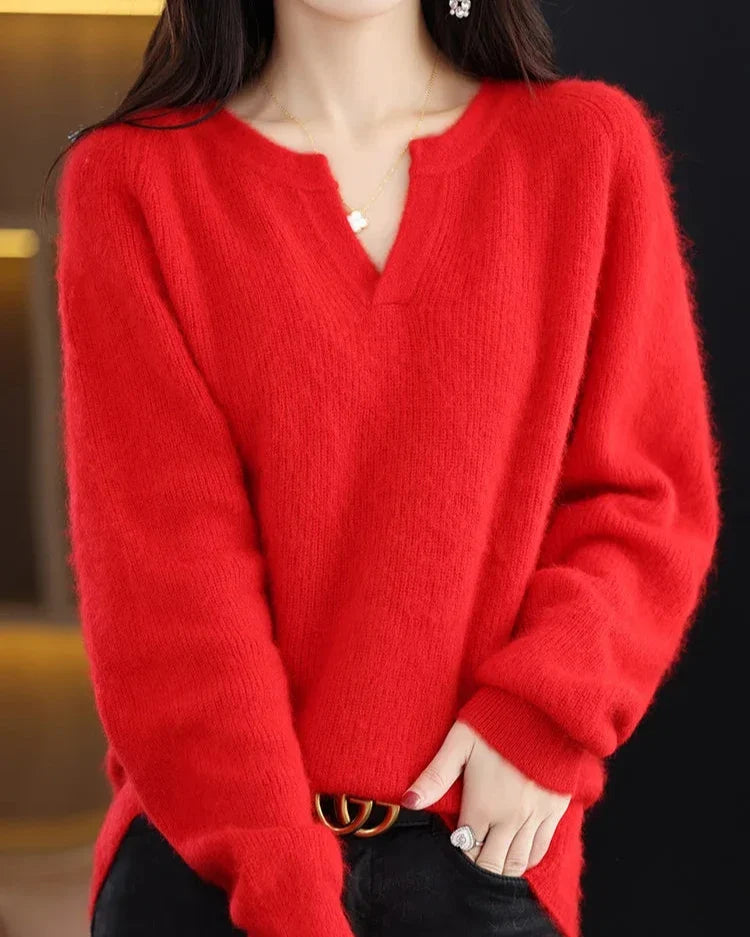 Margo & Main – red brushed wool notch v-neck sweater close front view, US women's sizes