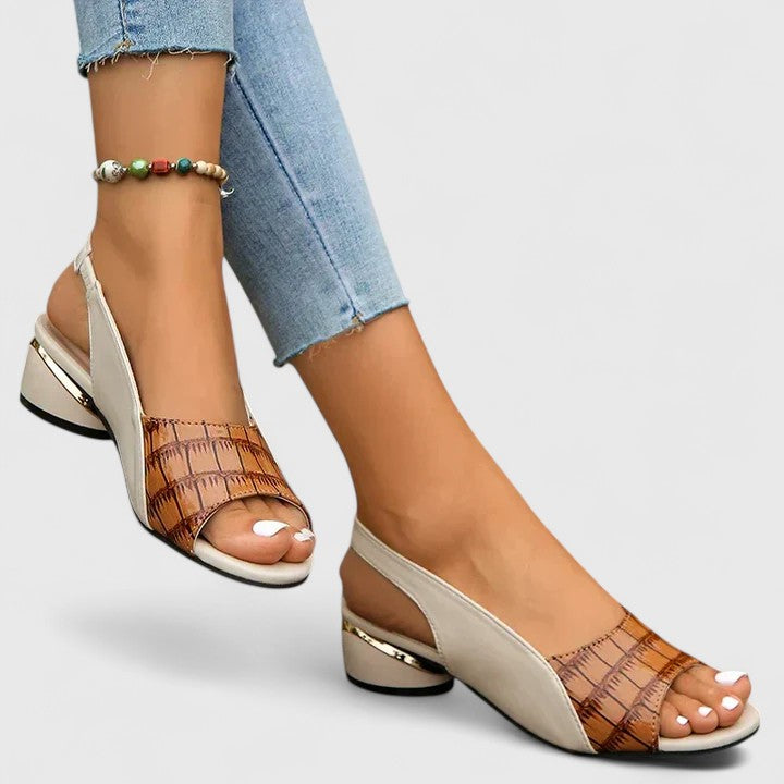 Margo & Main - tan croc-embossed slingback sandals styled with jeans, US women's sizes