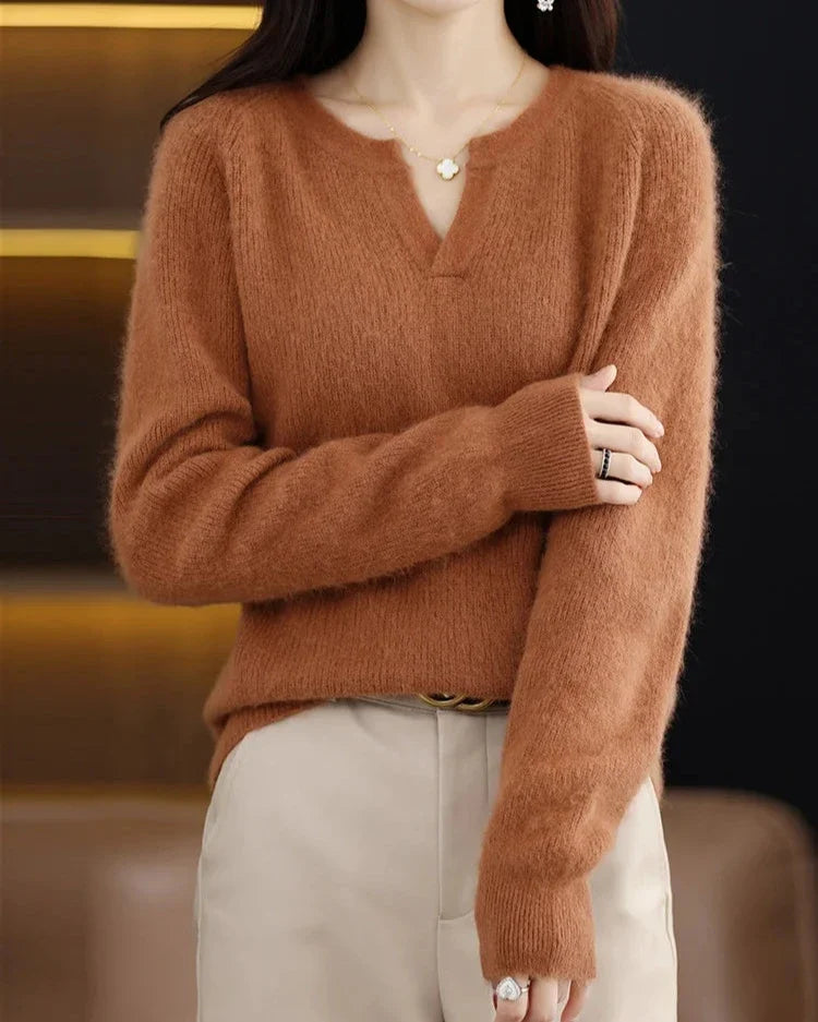 Margo & Main – camel brushed wool notch v-neck sweater front view on model, US women's sizes