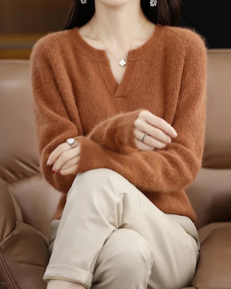 Margo & Main - camel brushed wool sweater worn with tailored trousers, US women's sizes