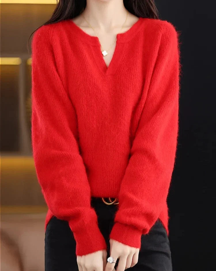 Margo & Main – red brushed wool notch v-neck sweater relaxed front view, US women's sizes
